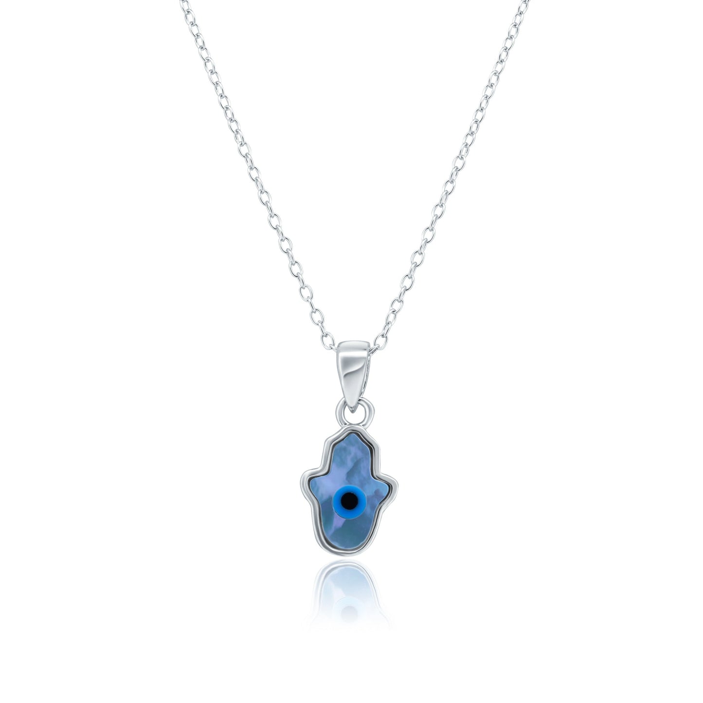 Rhodium Plated 925 Sterling Silver Hamsa Evil Eye Mother of Pearl Necklace - AAP00003 SPI