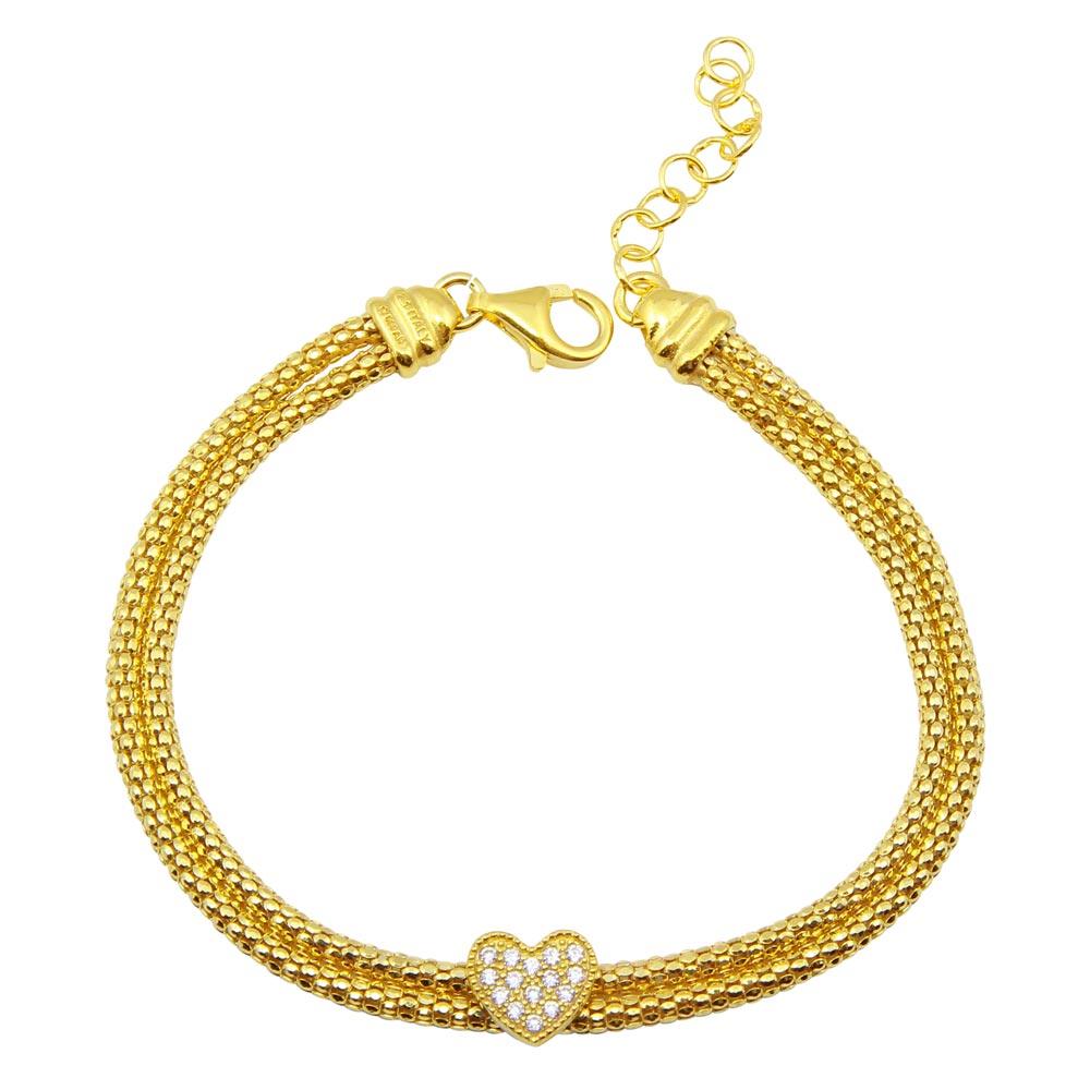 Gold Plated 925 Sterling Silver Heart and Double Chain Bracelet with CZ - ARB00016GP SPI