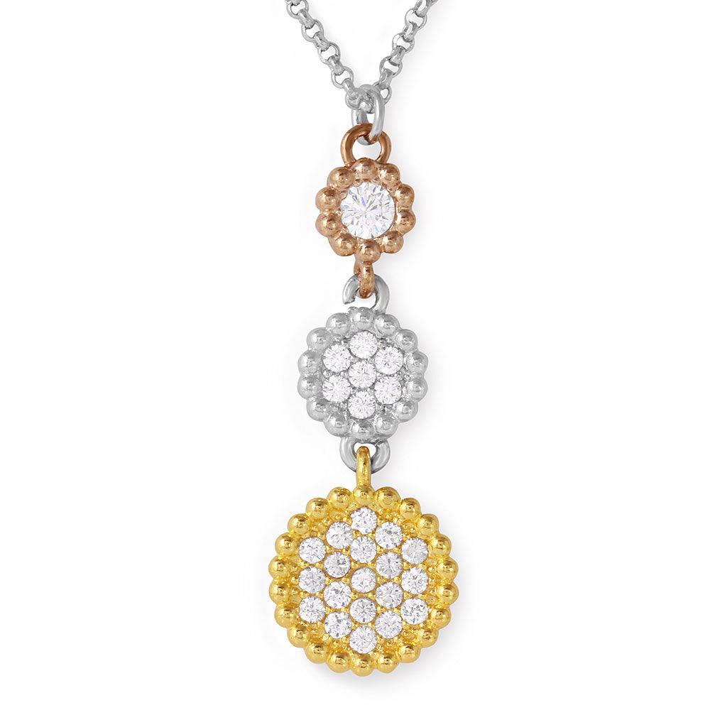Silver 925 Rhodium Plated Graduated 3 Toned Circle Drop Necklace - ARN00021TRI SPI