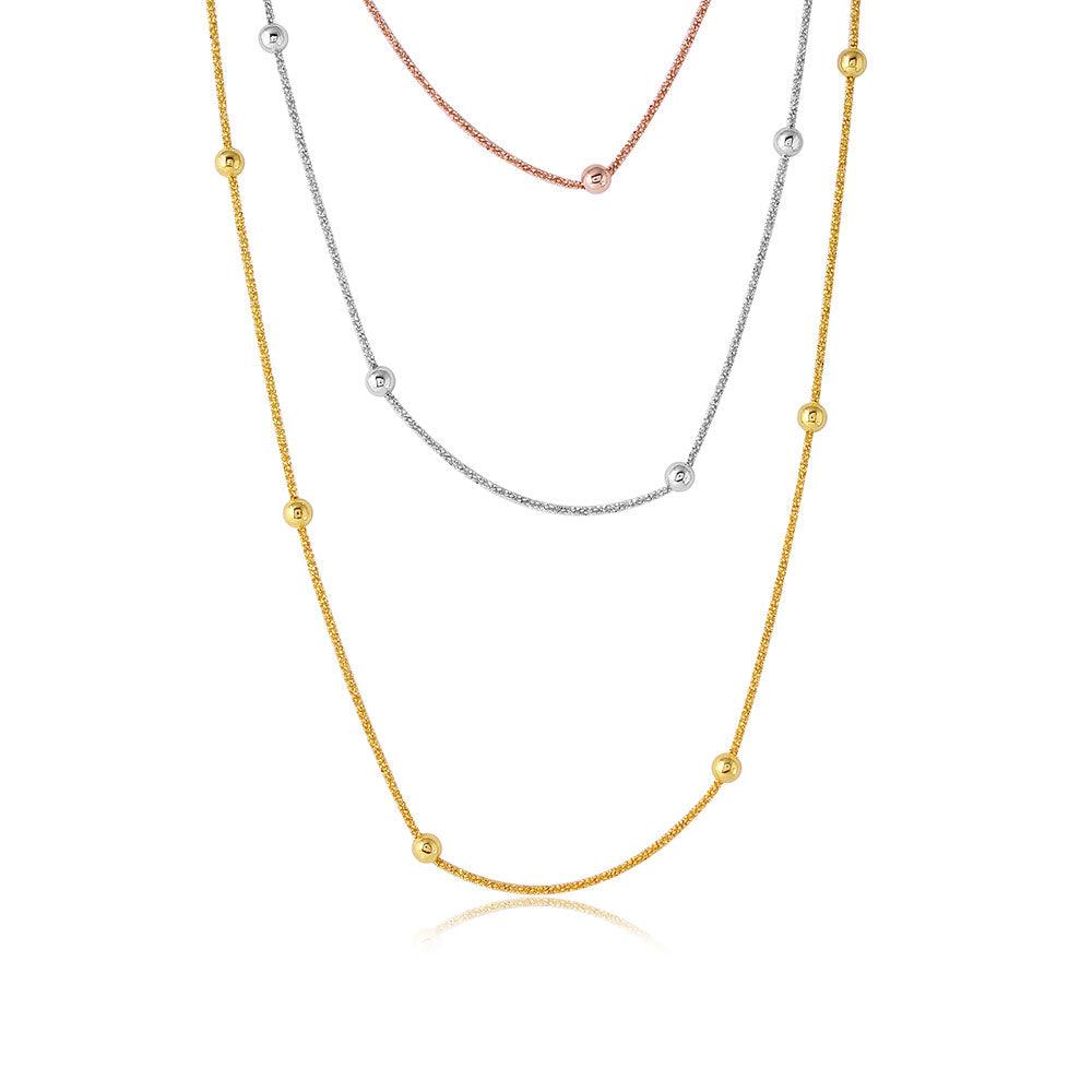 Silver 925 3 Toned 3 Strands Roc Chain With Bead Necklace - ARN00028TRI SPI