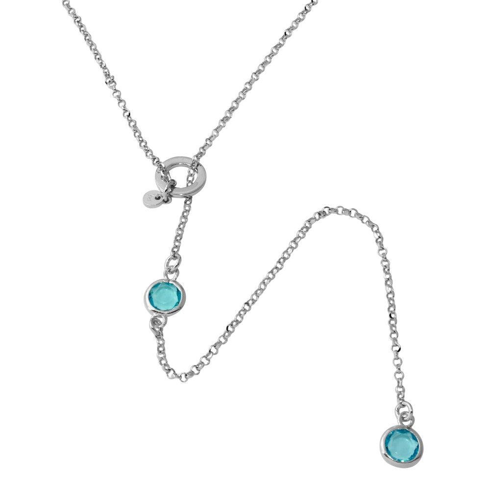 Rhodium Plated 925 Sterling Silver Dropped Light Blue Round CZ Necklace with Adjustable Ring - ARN00031RHA SPI
