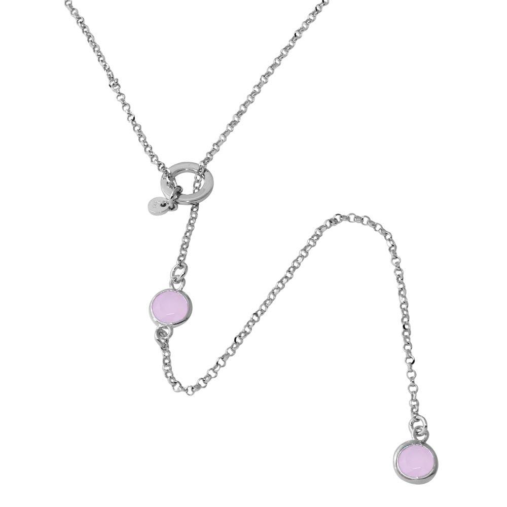 Rhodium Plated 925 Sterling Silver Dropped Pink Round CZ Necklace with Adjustable Ring - ARN00031RHP SPI