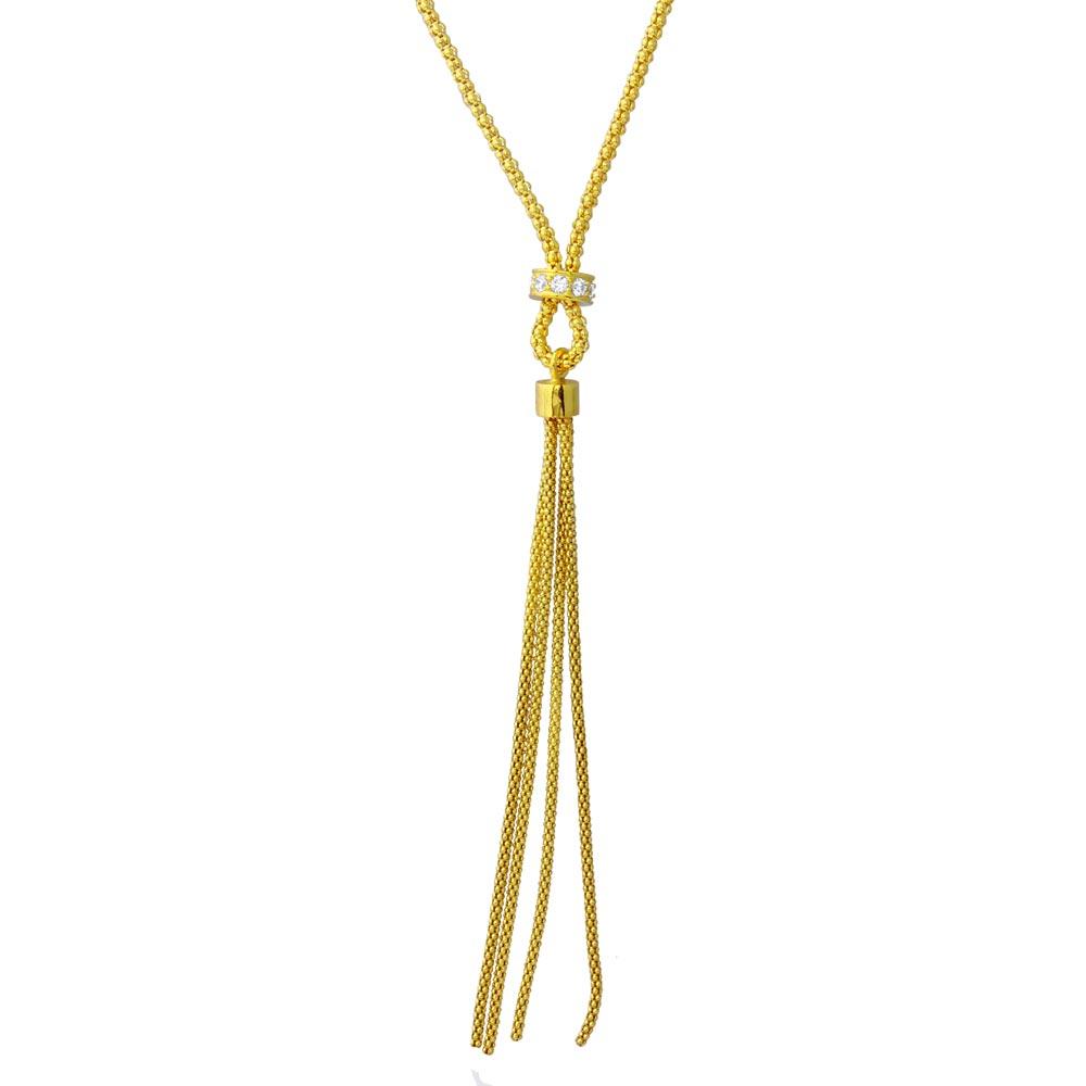 Gold Plated 925 Sterling Silver Tassel Drop Necklace with Connected CZ Ring Knot - ARN00033GP SPI