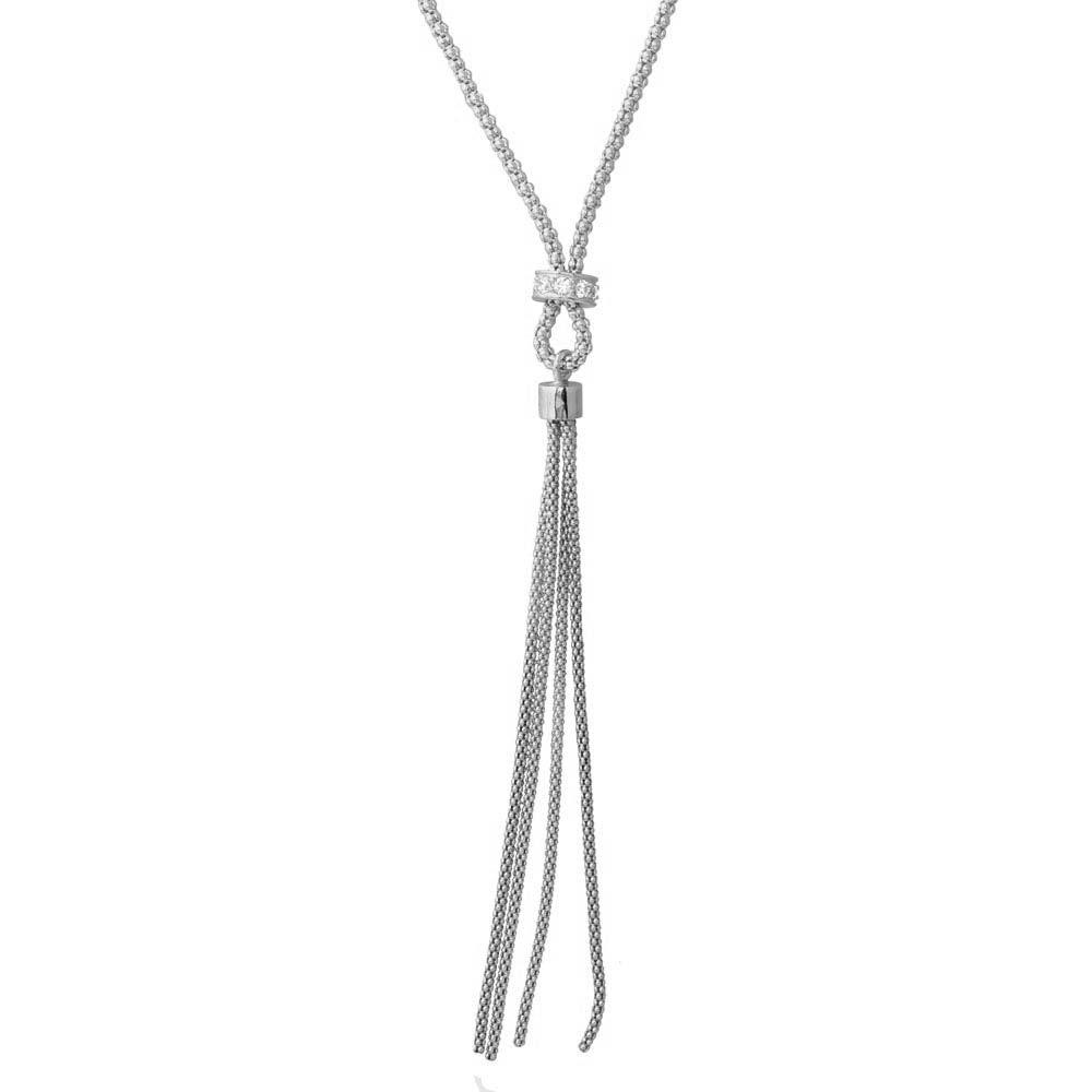Rhodium Plated 925 Sterling Silver Tassel Drop Necklace with Connected CZ Ring Knot - ARN00033RH SPI