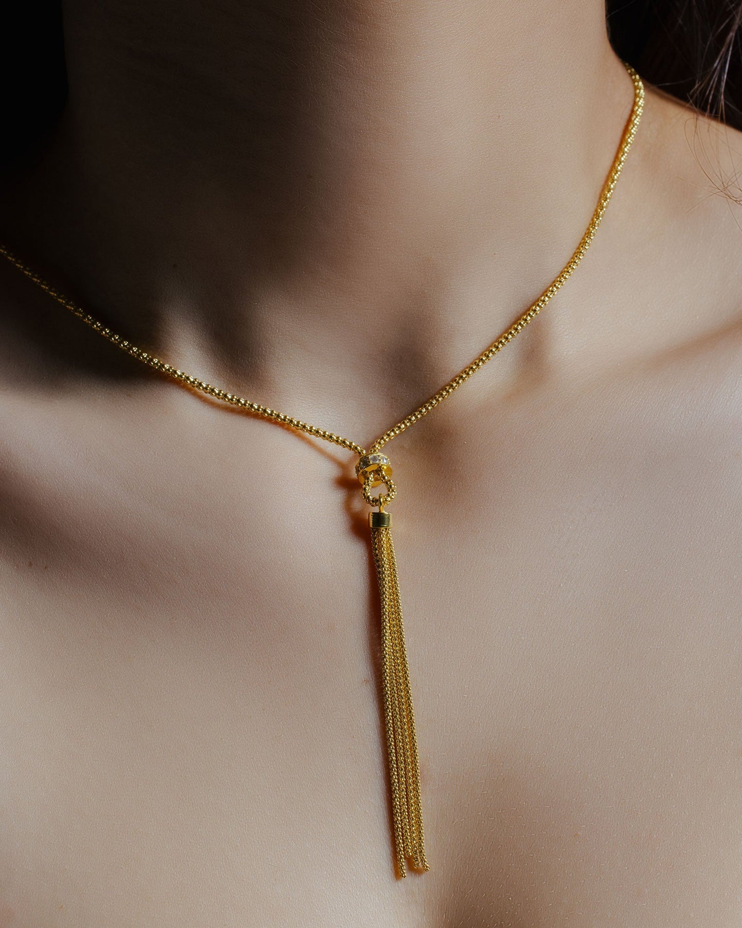 Gold Plated 925 Sterling Silver Tassel Drop Necklace with Connected CZ Ring Knot - ARN00033GP SPI