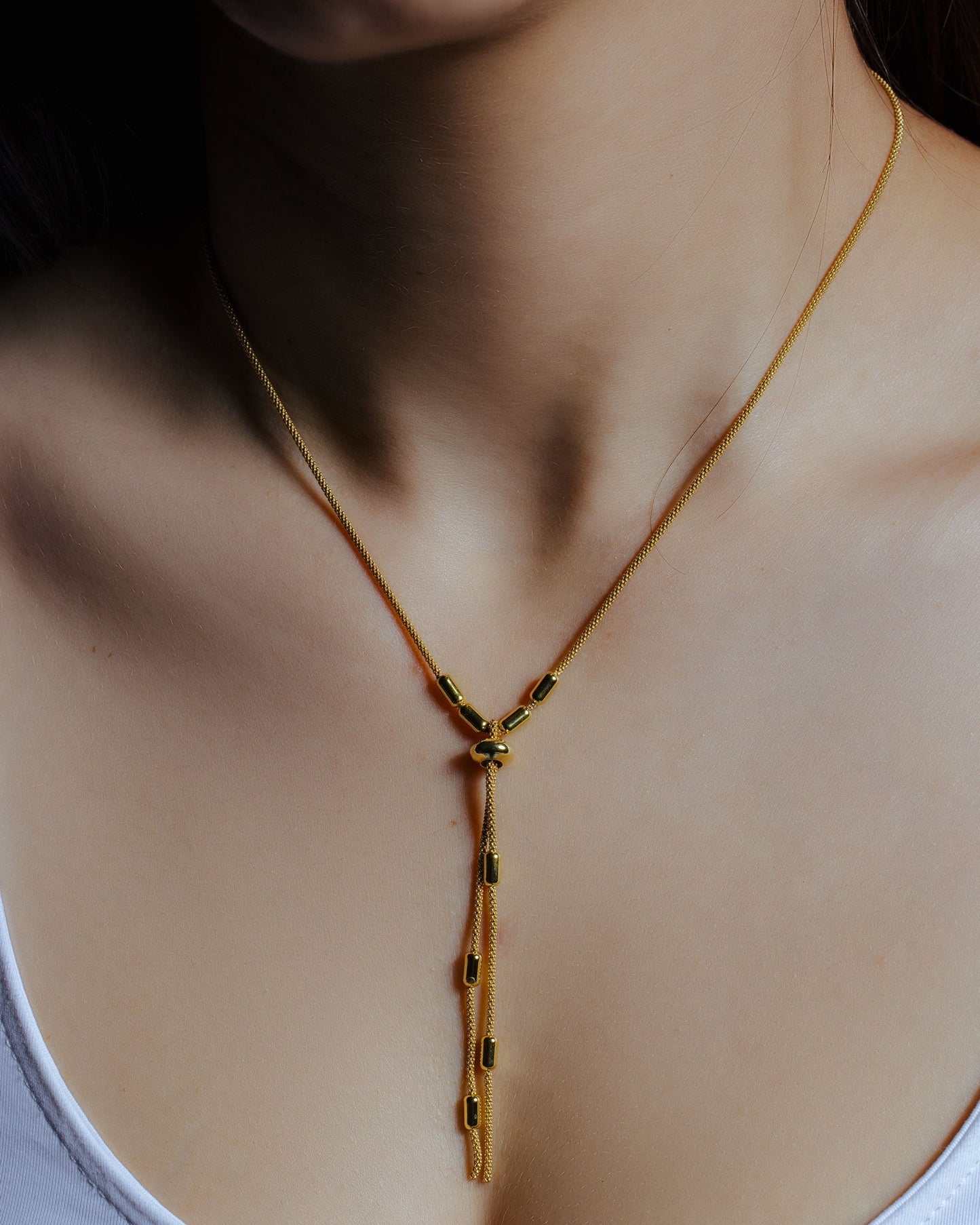 Gold Plated 925 Sterling Silver Round Bar Tassel Necklace with Adjustable Ring - ARN00034GP SPI