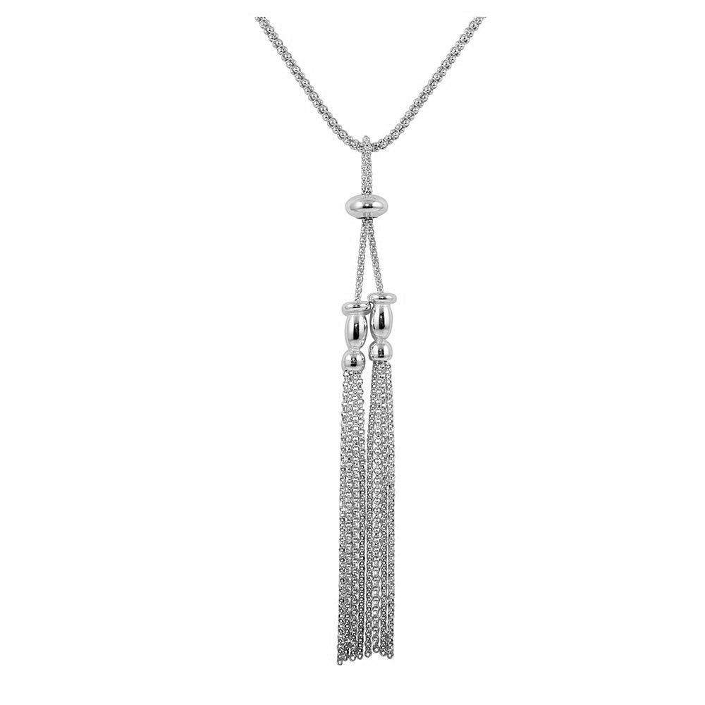 Rhodium Plated 925 Sterling Silver Two Tassel Dangling Necklace - ARN00041RH SPI