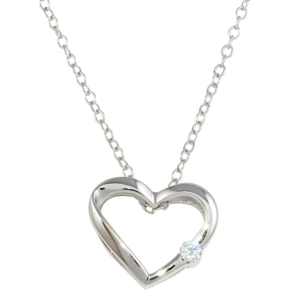 Rhodium Plated 925 Sterling Silver Open Heart Necklace with CZ - BGP00085 SPI