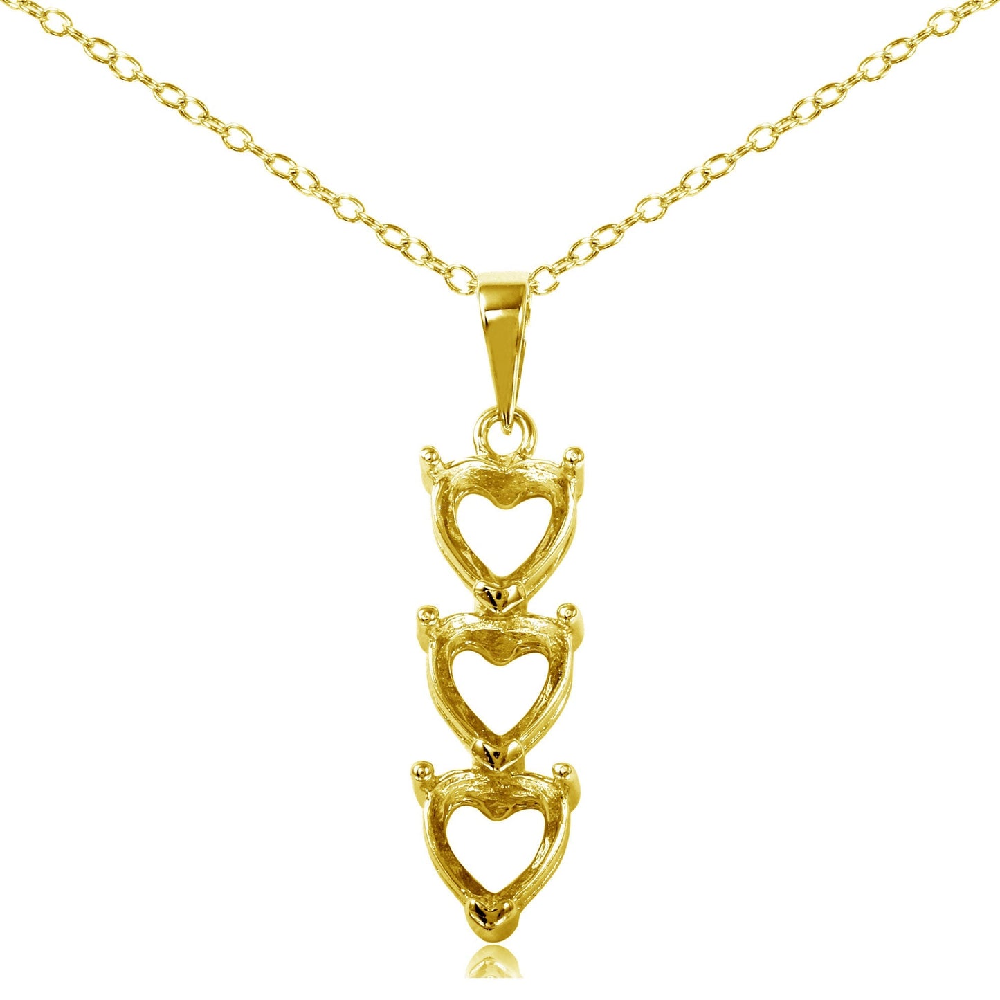 Gold Plated 925 Sterling Silver Personalized 3 Heart Drop Mounting Necklace - BGP00780GP SPI