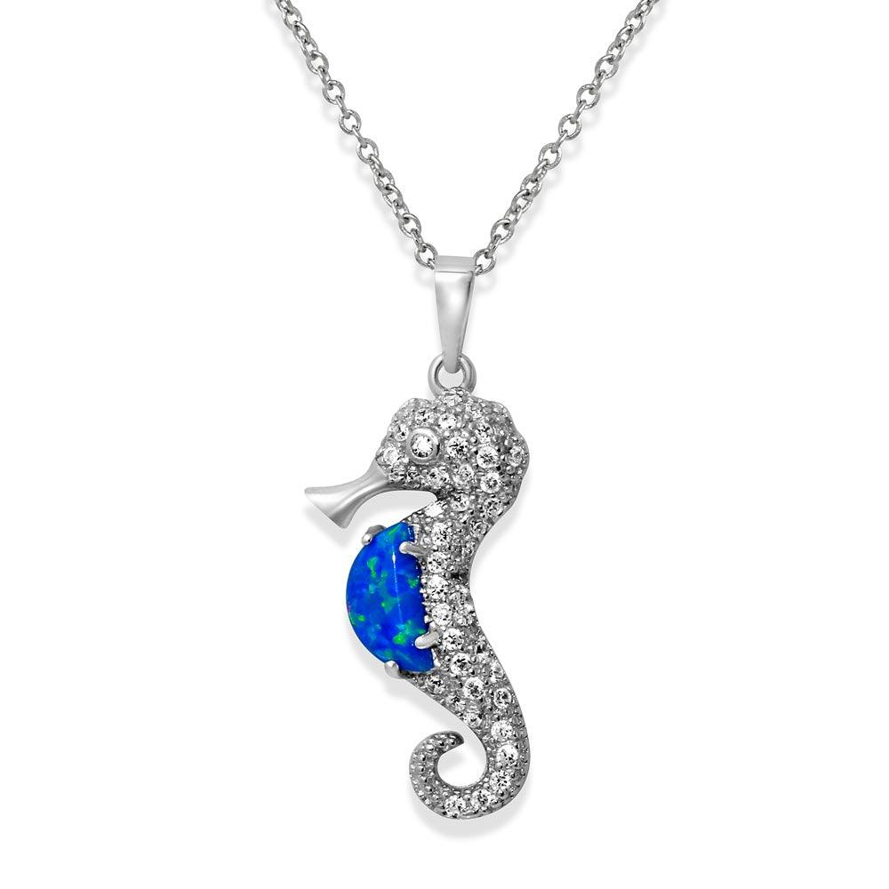 Rhodium Plated 925 Sterling Silver Sea Horse with CZ and Synthetic Blue Opal Necklace - BGP01071BLU SPI
