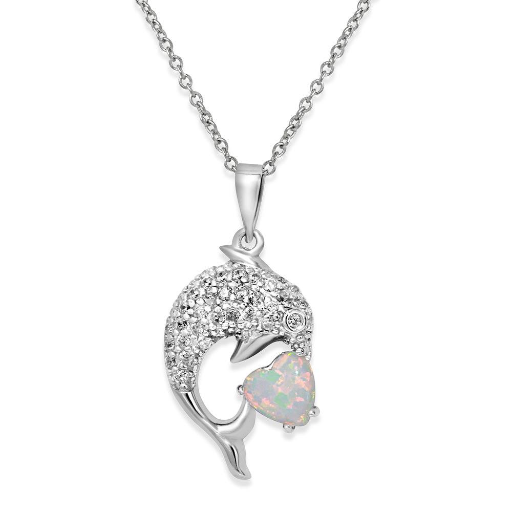 Rhodium Plated 925 Sterling Silver CZ Dolphin Necklace with Synthetic Opal - BGP01074WHT SPI