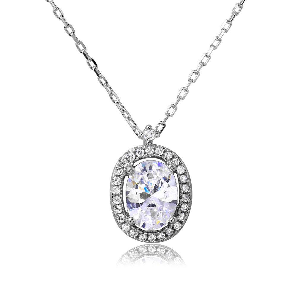 Rhodium Plated 925 Sterling Silver Oval Halo CZ Necklace - BGP01092 SPI