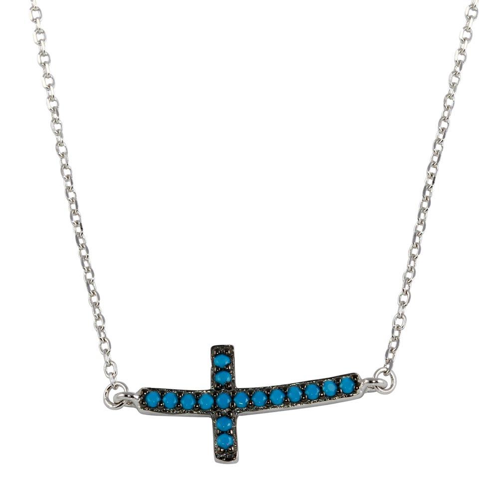 Rhodium Plated 925 Sterling Silver Horizontal Cross Necklace with Blue CZ - BGP01102 SPI