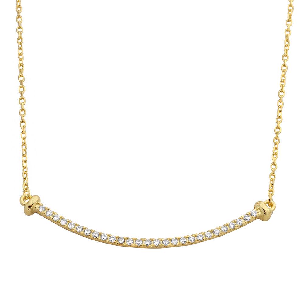 Gold Plated 925 Sterling Silver Curved CZ Bar Necklace - BGP01103GP SPI