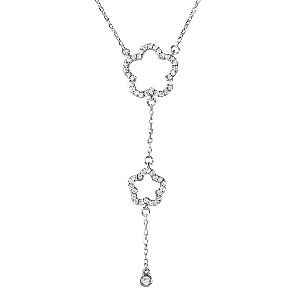 Silver 925 Rhodium Plated Double Open CZ Clover Drop Necklace - BGP01104 SPI