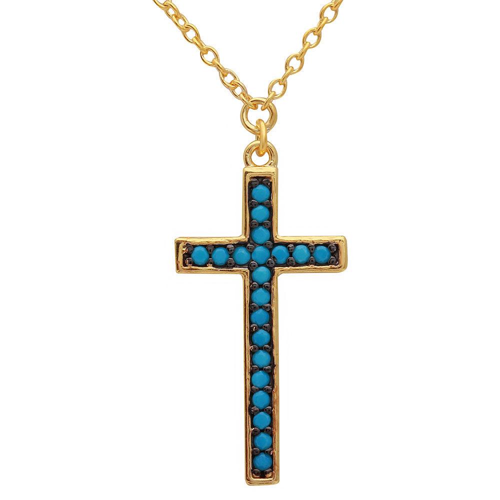 Silver 925 Gold Plated Turquoise Stone Cross Necklace - BGP01109 SPI