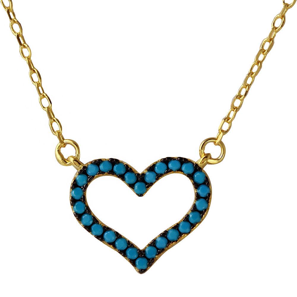 Silver 925 Gold Plated Open Heart Turquoise Stones Necklace - BGP01110 SPI