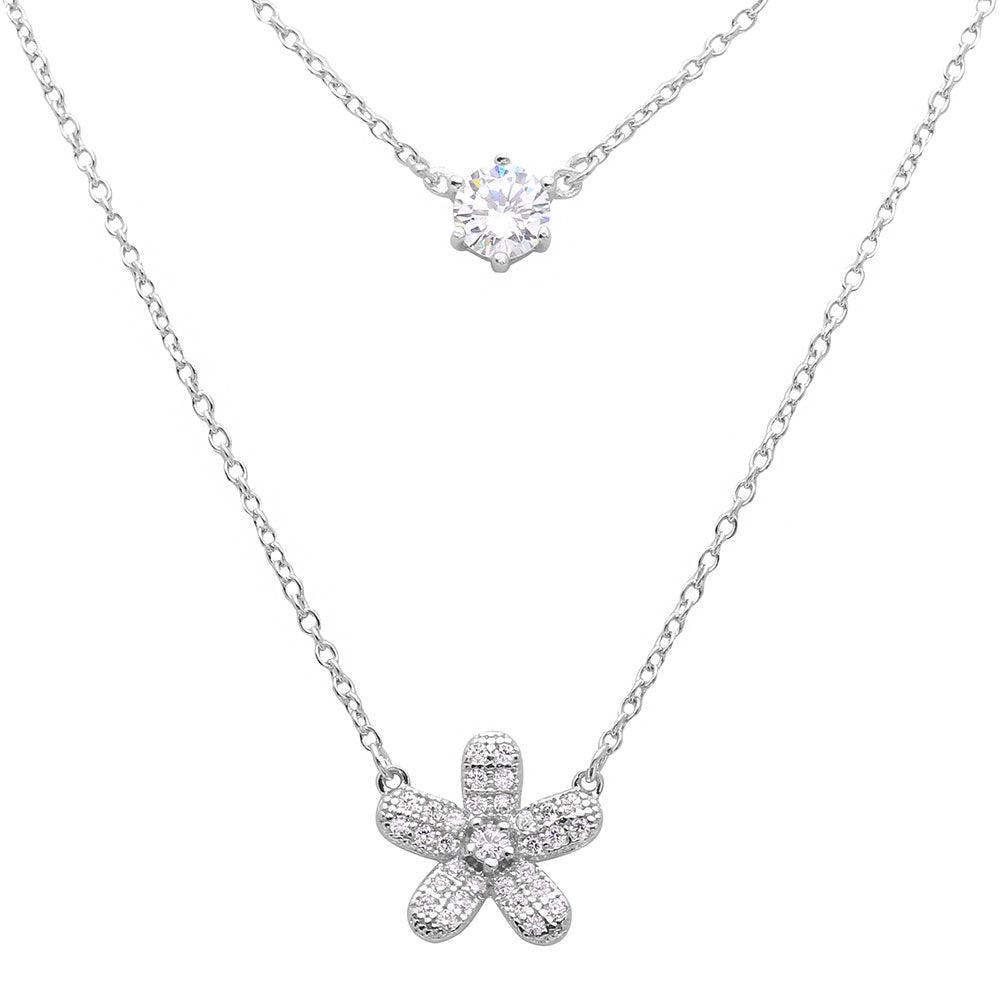 Silver 925 Rhodium Plated Double Chain CZ and Hibiscus Flower Necklace - BGP01119 SPI