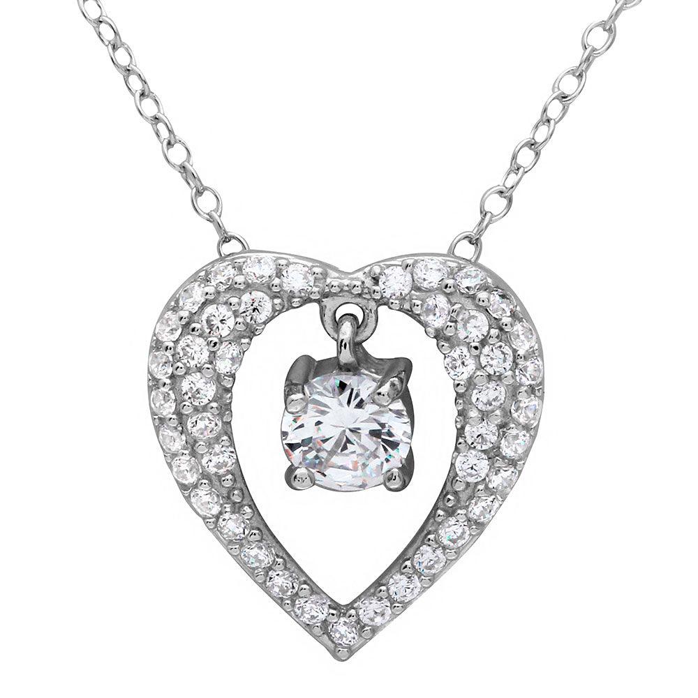 Silver 925 Rhodium Plated Open Heart Necklace with Hanging Stone - BGP01121 SPI