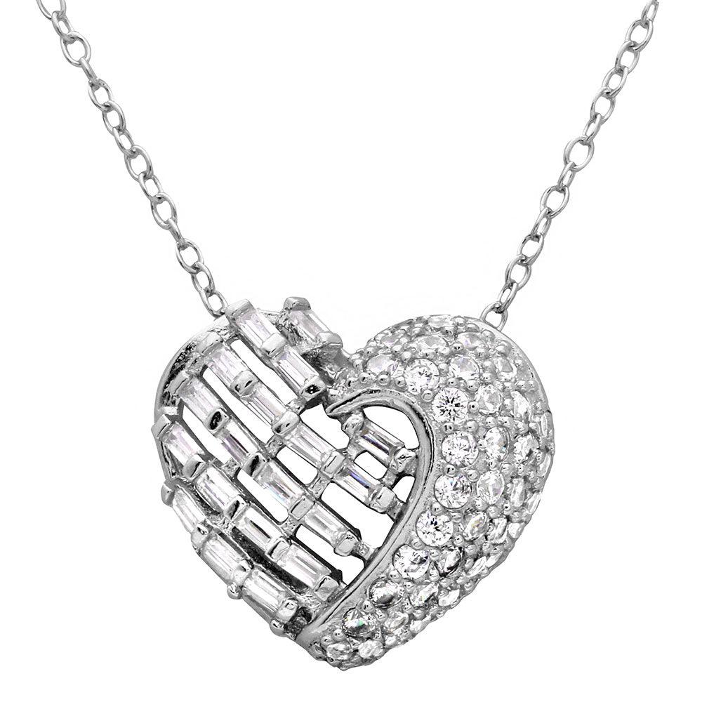 Silver 925 Rhodium Plated 2 Sided Baguette CZ Stones Heart Necklace - BGP01123 SPI