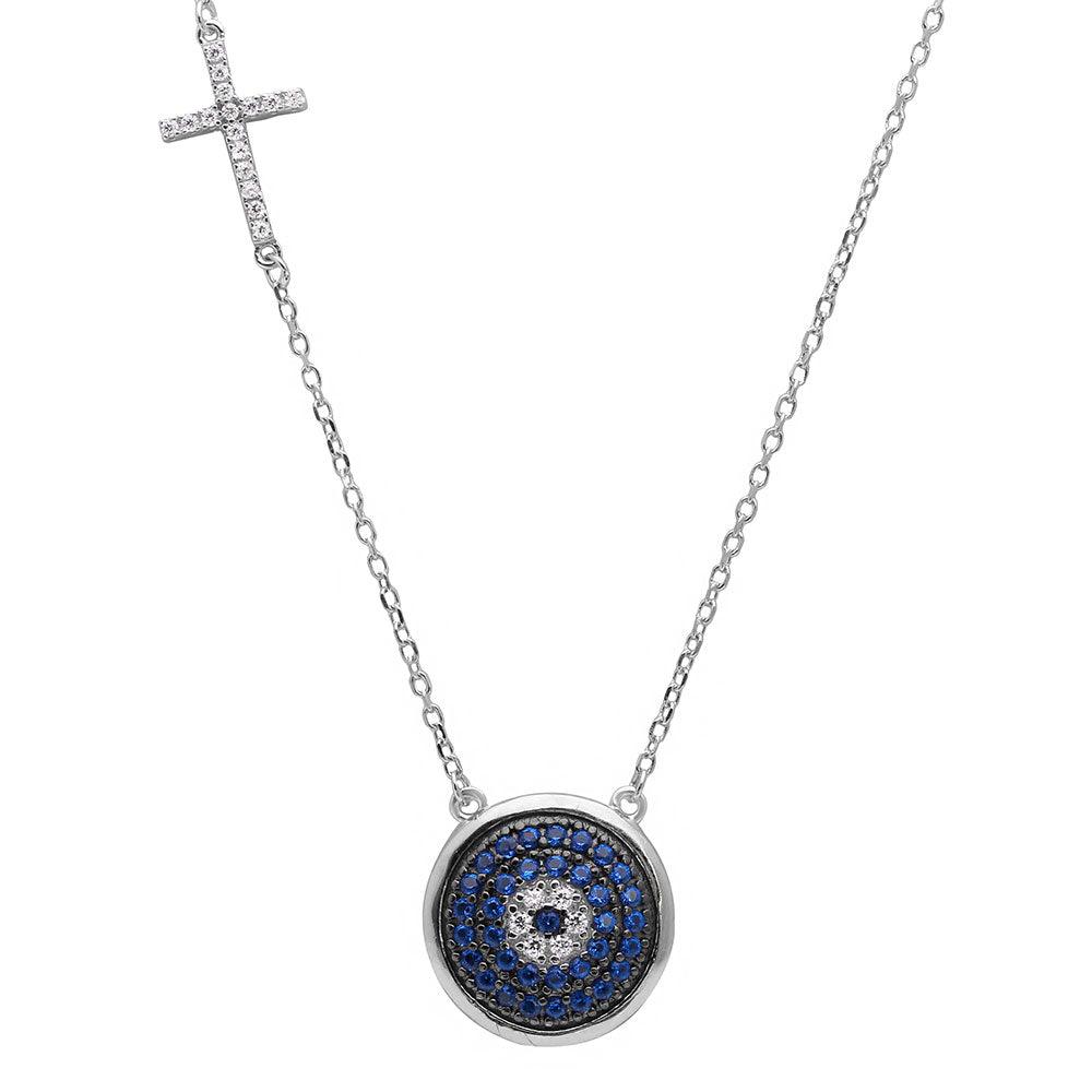 Silver 925 Rhodium Plated Blue CZ Evil Eye with CZ Cross Charm Necklace - BGP01124 SPI