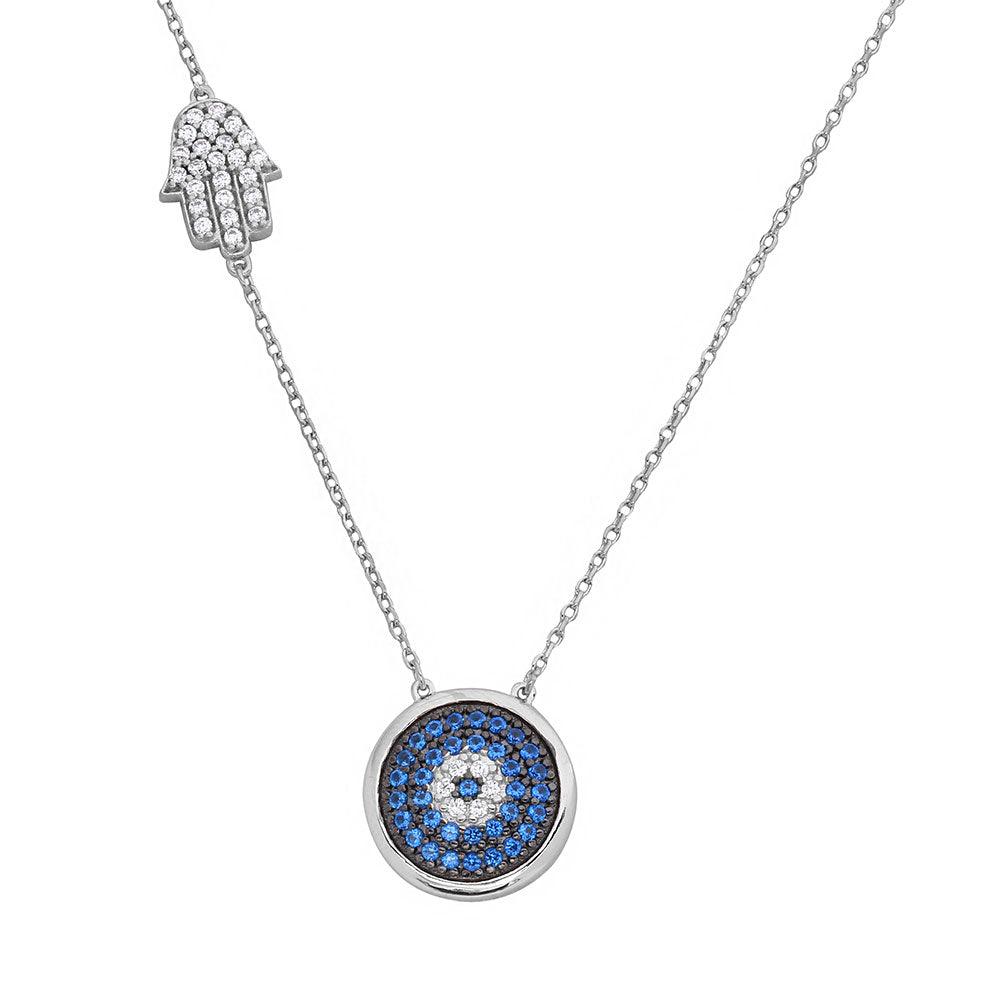 Rhodium Plated 925 Sterling Silver Evil Eye Necklace with CZ Hamsa Hand - BGP01125 SPI