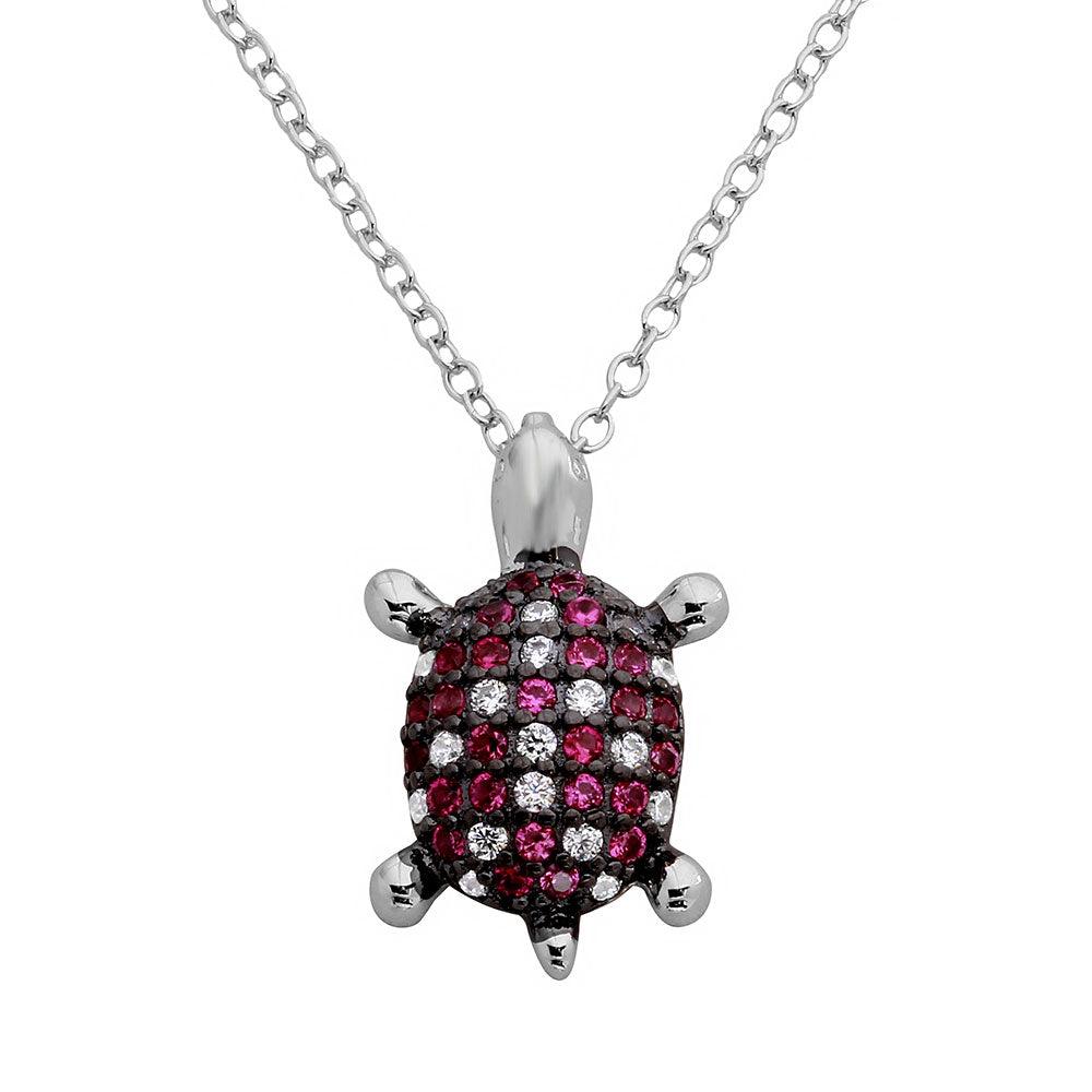 Rhodium Plated 925 Sterling Silver Pink and Clear CZ Turtle Necklace - BGP01126 SPI