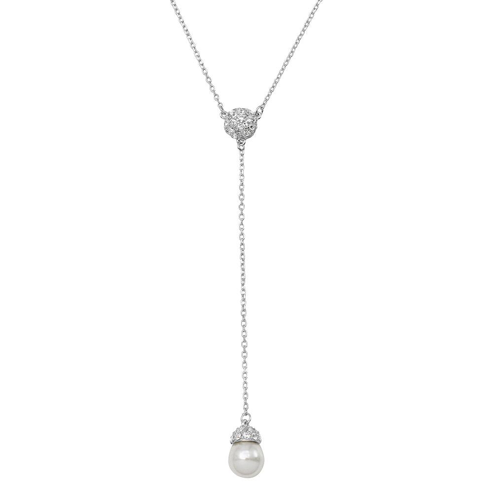 Rhodium Plated 925 Sterling Silver CZ Drop Synthetic Pearl Necklace - BGP01132 SPI