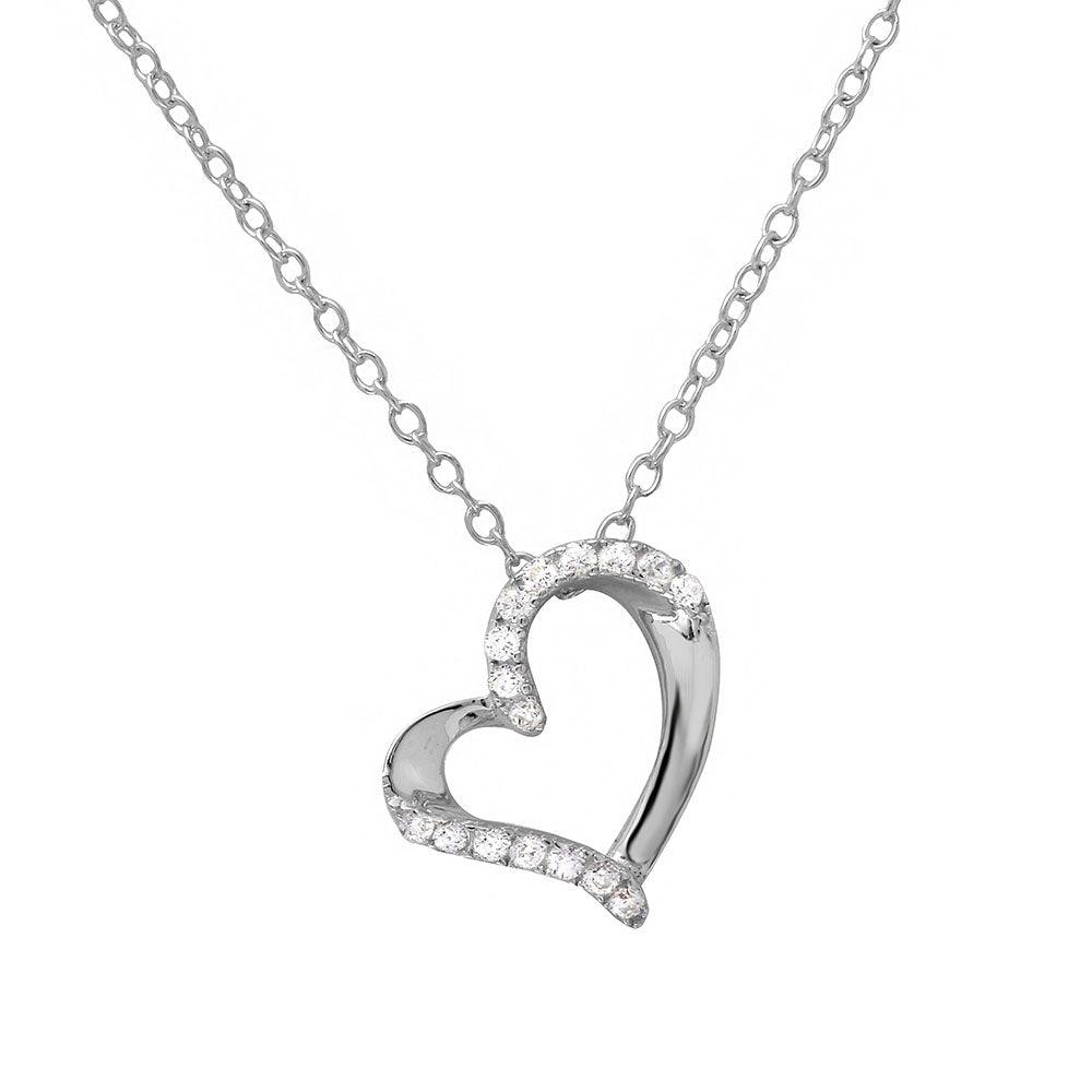 Rhodium Plated 925 Sterling Silver Open Heart CZ Necklace - BGP01133 SPI