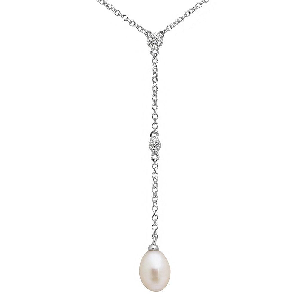 Rhodium Plated 925 Sterling Silver CZ Drop Fresh Water Pearl Necklace - BGP01138 SPI