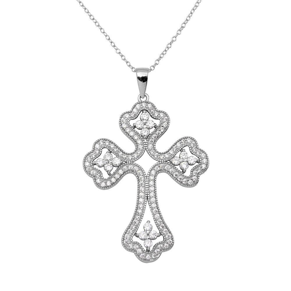 Rhodium Plated 925 Sterling Silver CZ Encrusted Open Cross Necklace - BGP01141CLR SPI