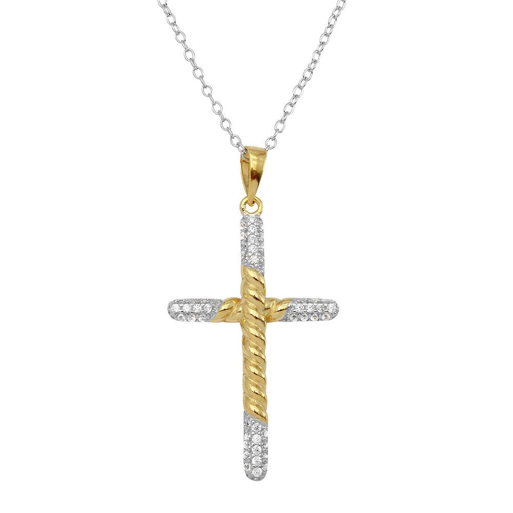 Two-Tone 925 Sterling Silver Rope Cross Necklace with CZ Stones - BGP01143 SPI
