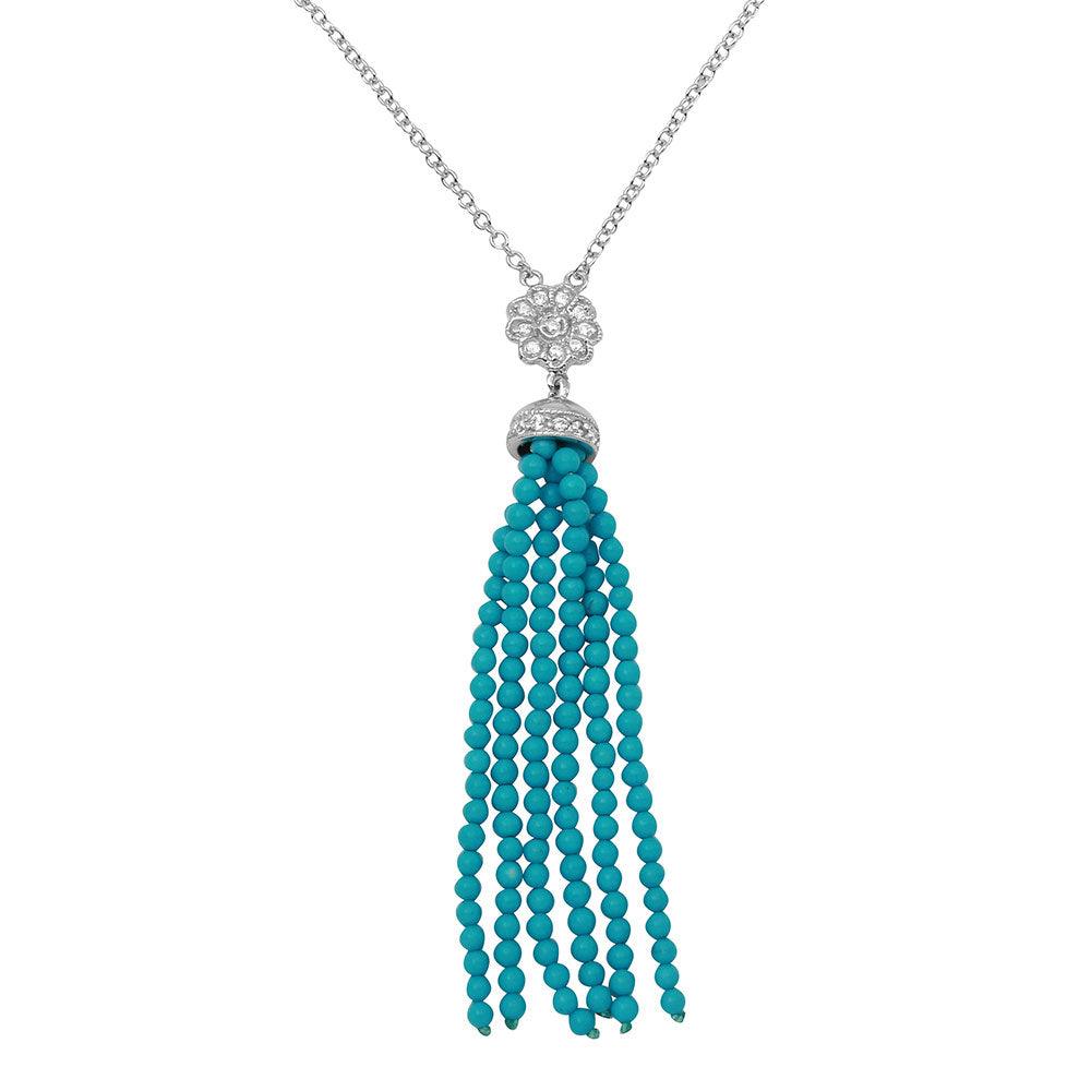 Rhodium Plated 925 Sterling Silver Flower Centered Turquoise Beads Strands Necklace - BGP01147 SPI
