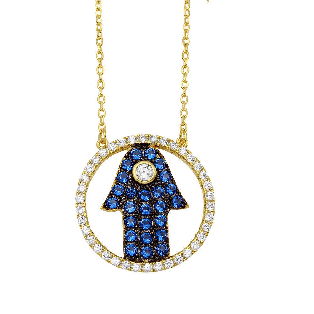 Gold Plated 925 Sterling Silver Open Circle with Blue CZ Hamsa Hand Necklace - BGP01149 SPI