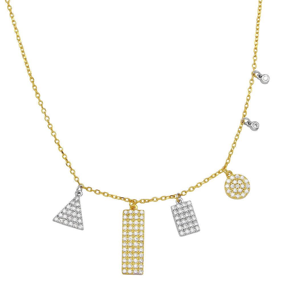 Gold Plated 925 Sterling Silver Multi Shape Two-Tone CZ Encrusted Charm Necklace - BGP01150 SPI