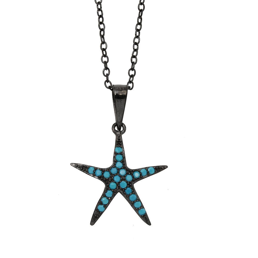 Black Rhodium Plated 925 Sterling Silver Starfish Turquoise Stone Necklace - BGP01151 SPI