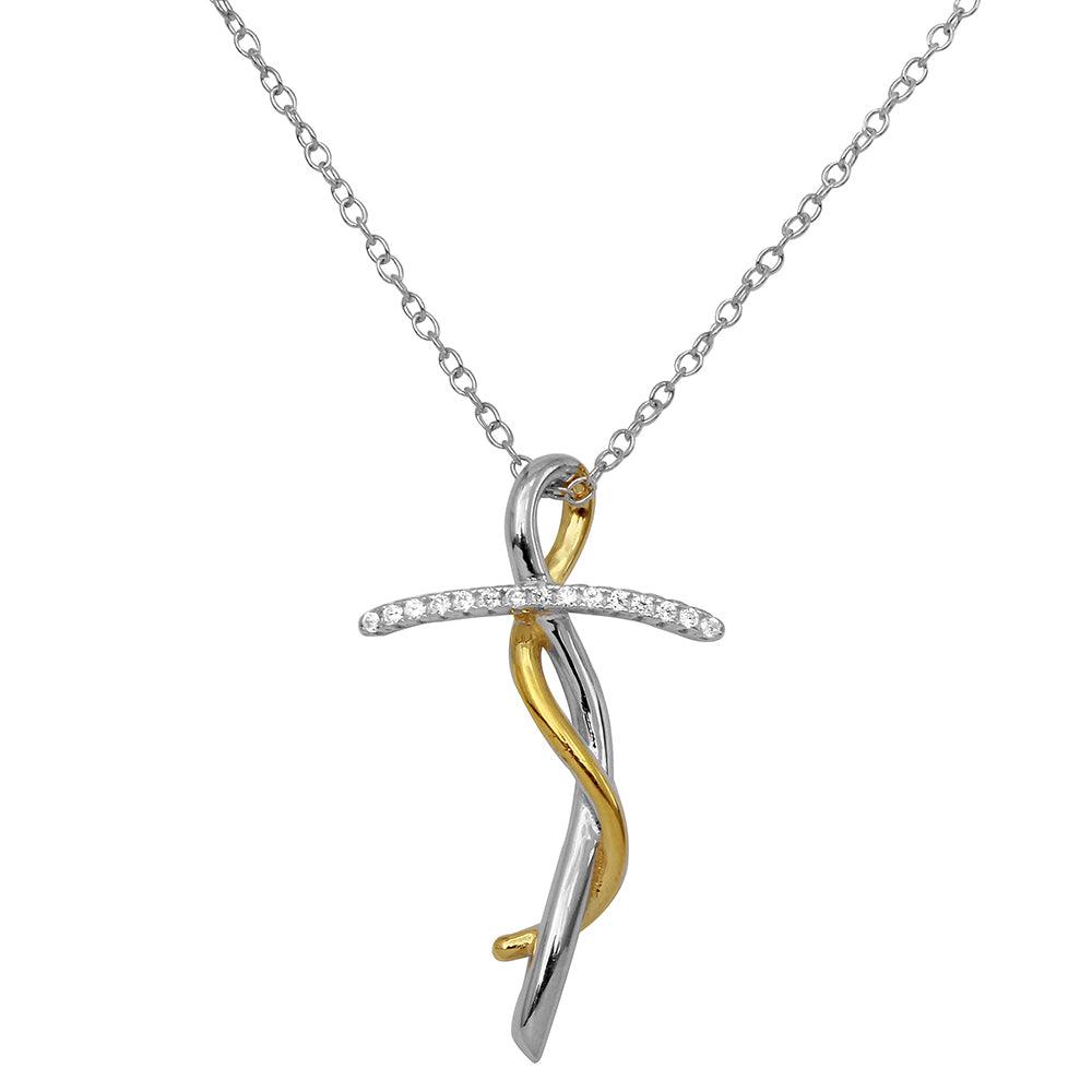 Two-Tone 925 Sterling Silver Twisted CZ Cross Necklace - BGP01154 SPI
