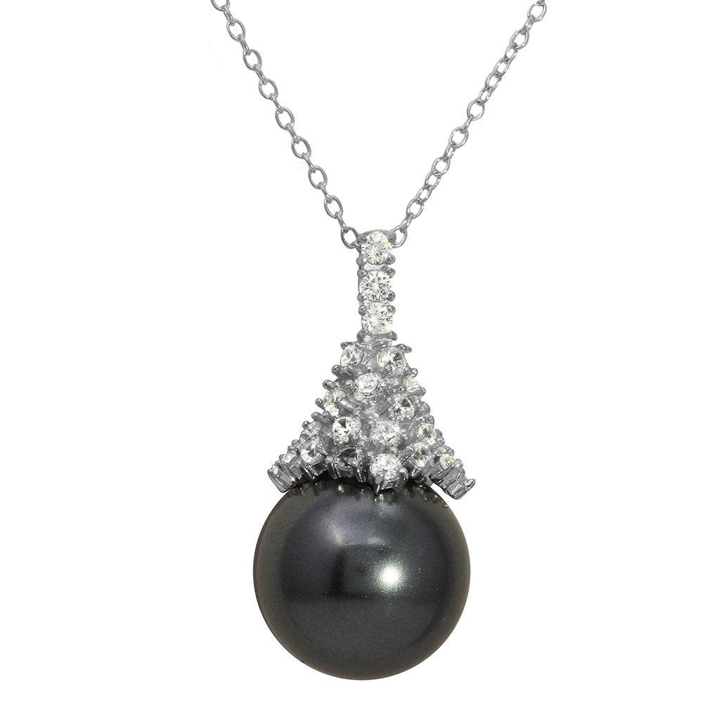 Rhodium Plated 925 Sterling Silver Synthetic Black Pearl with CZ Necklace - BGP01158 SPI