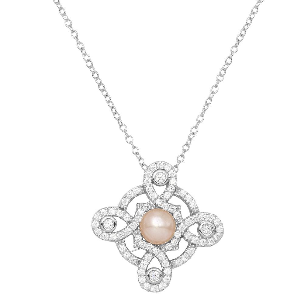 Rhodium Plated 925 Sterling Silver CZ Encrusted Outline Cross with Fresh Water Pearl Necklace - BGP01159 SPI