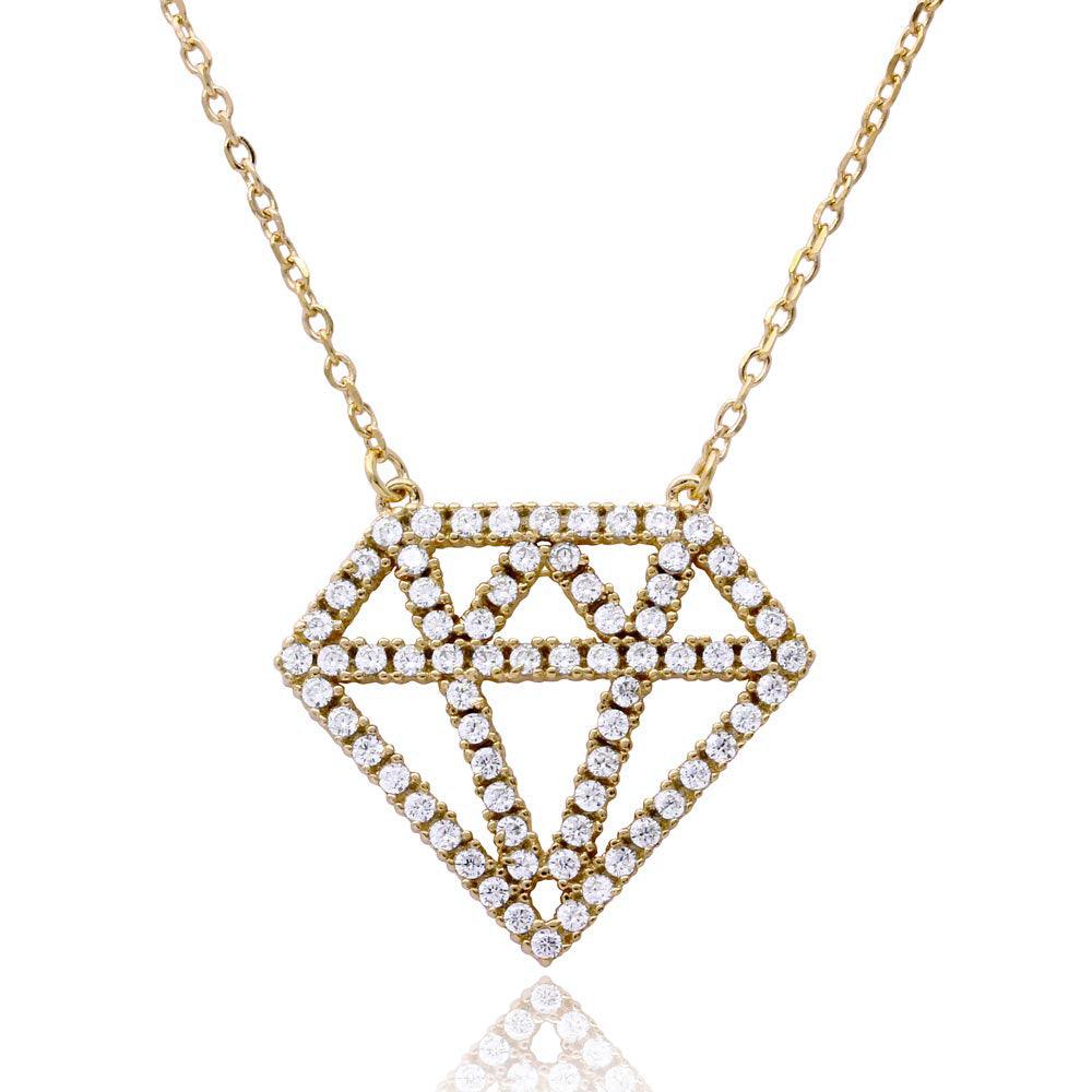 Gold Plated 925 Sterling Silver Diamond Outline CZ Necklace - BGP01162GP SPI