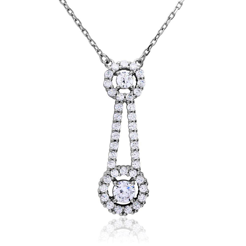 Rhodium Plated 925 Sterling Silver Double Halo Drop CZ Necklace - BGP01170 SPI