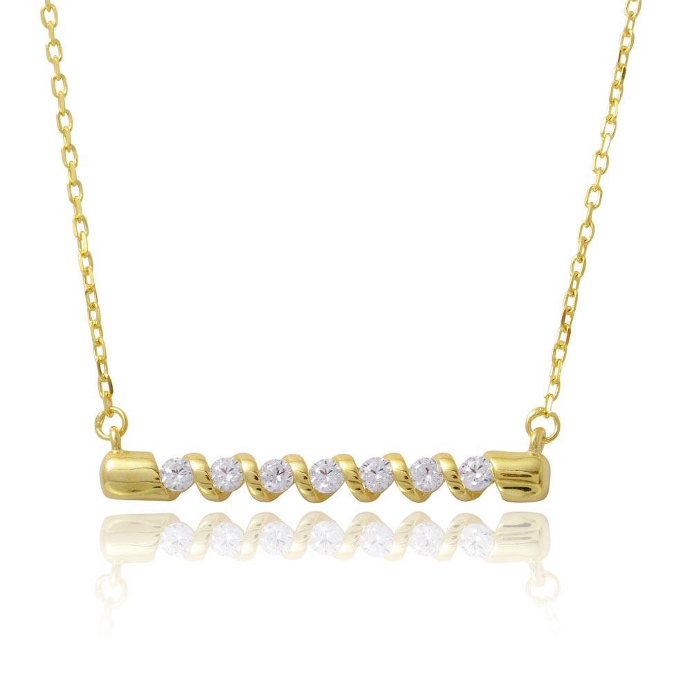 Gold Plated 925 Sterling Silver Twisted Bar Necklace with CZ - BGP01180GP SPI