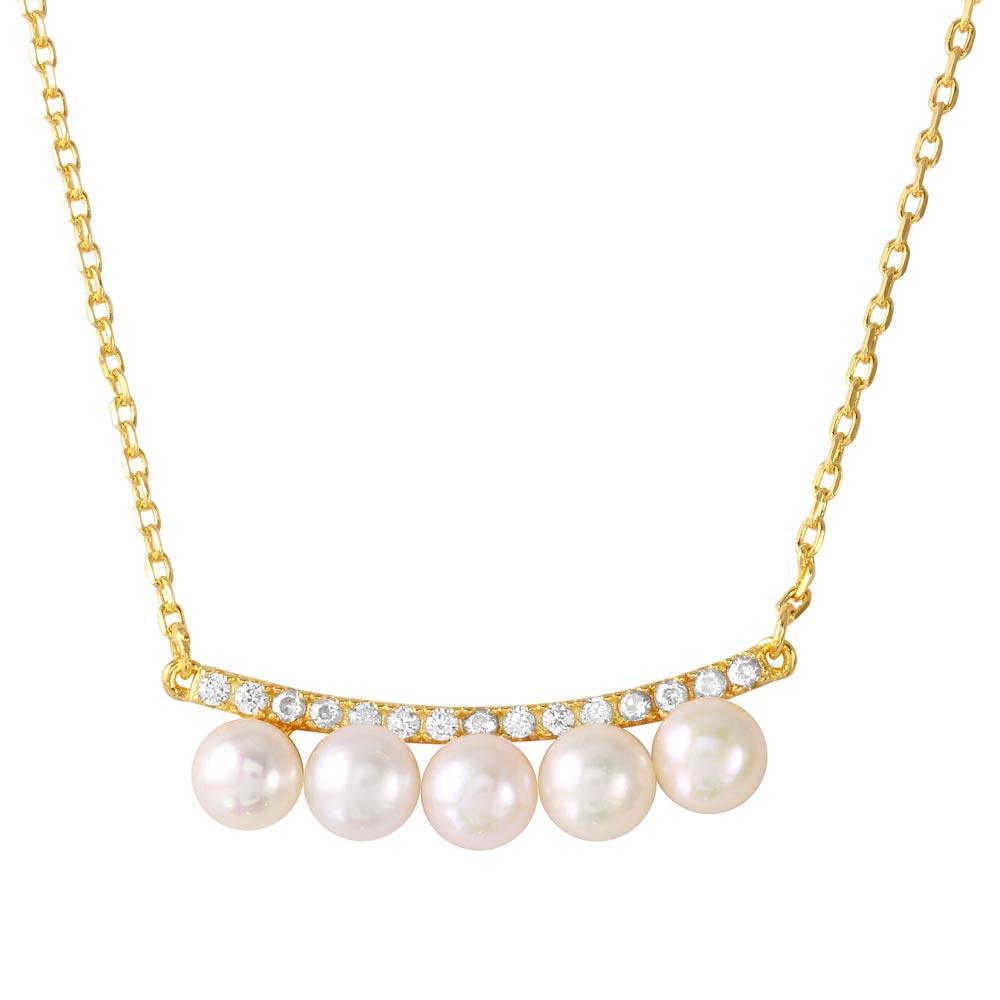 Rhodium Plated 925 Sterling Silver Curved Bar with CZ and Hanging Fresh Mother of Pearl Necklace - BGP01181 SPI