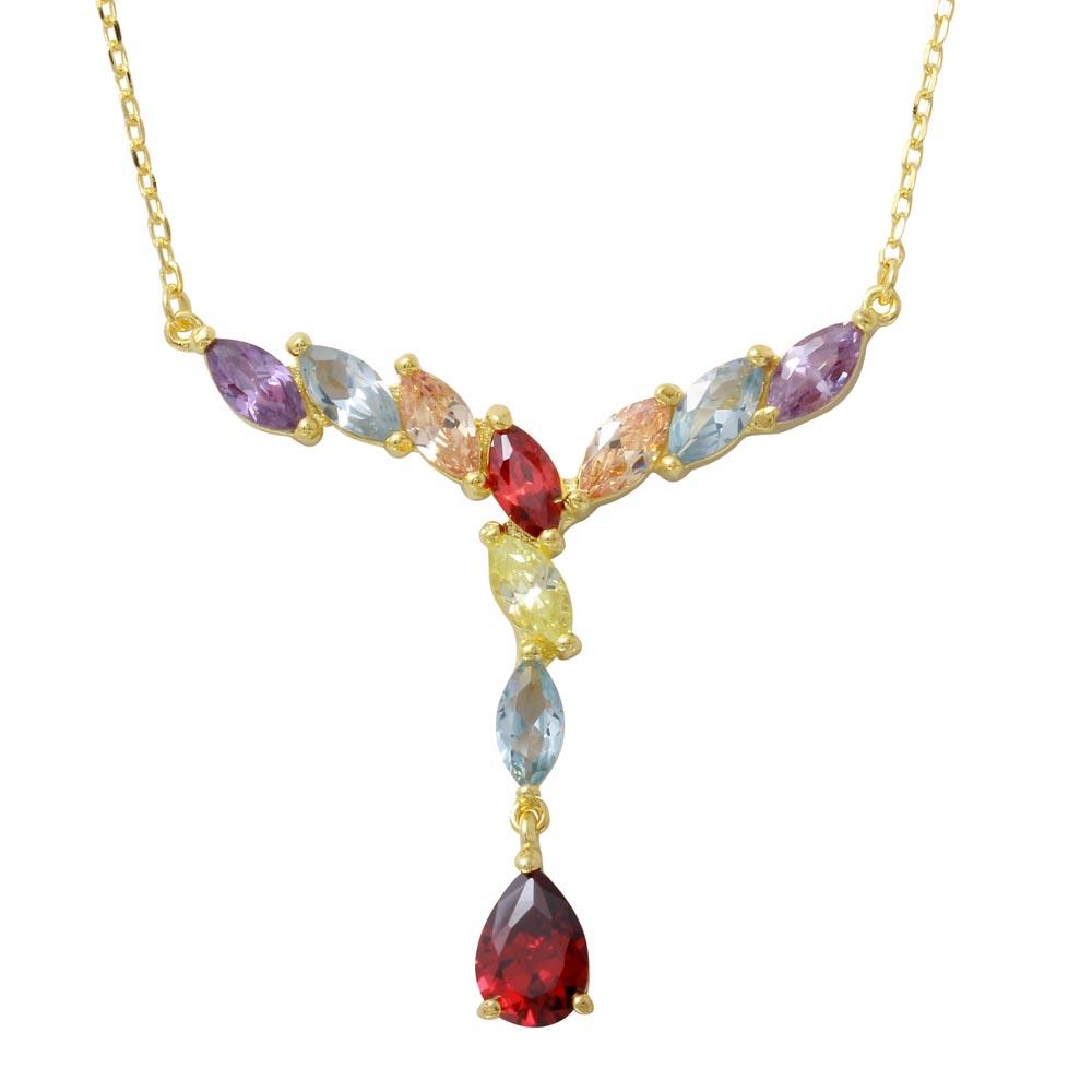 Gold Plated 925 Sterling Silver V Shaped Multi-Color Marquise CZ Necklace with Dangling Pearl CZ - BGP01185 SPI