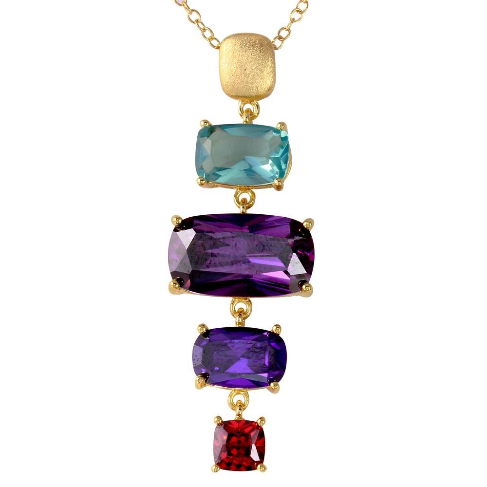 Gold and Matte Gold Plated 925 Sterling Silver 4 Dangling Multi Color CZ Necklace - BGP01186 SPI