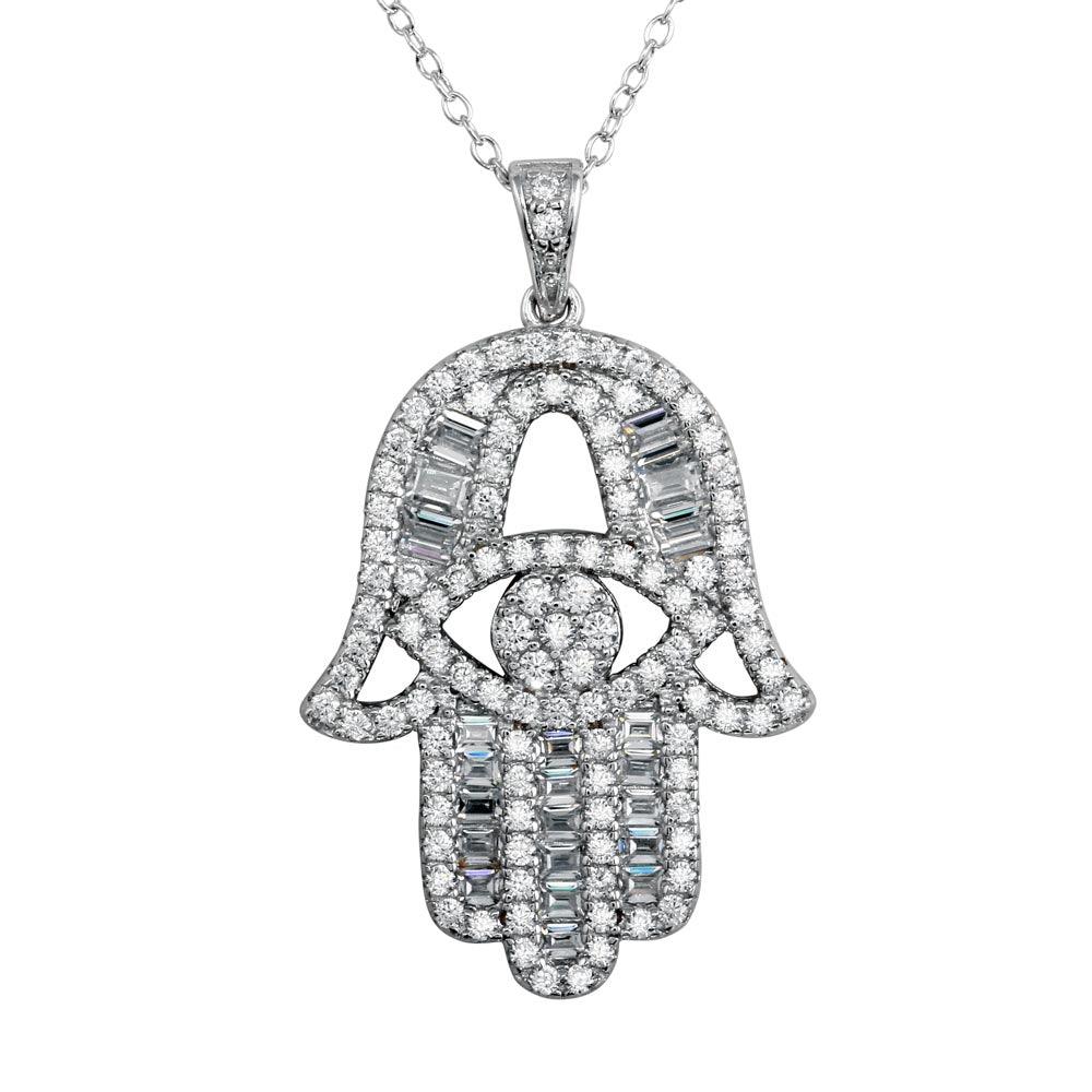 Rhodium Plated 925 Sterling Silver CZ Encrusted Hamsa Hand Necklace - BGP01191 SPI