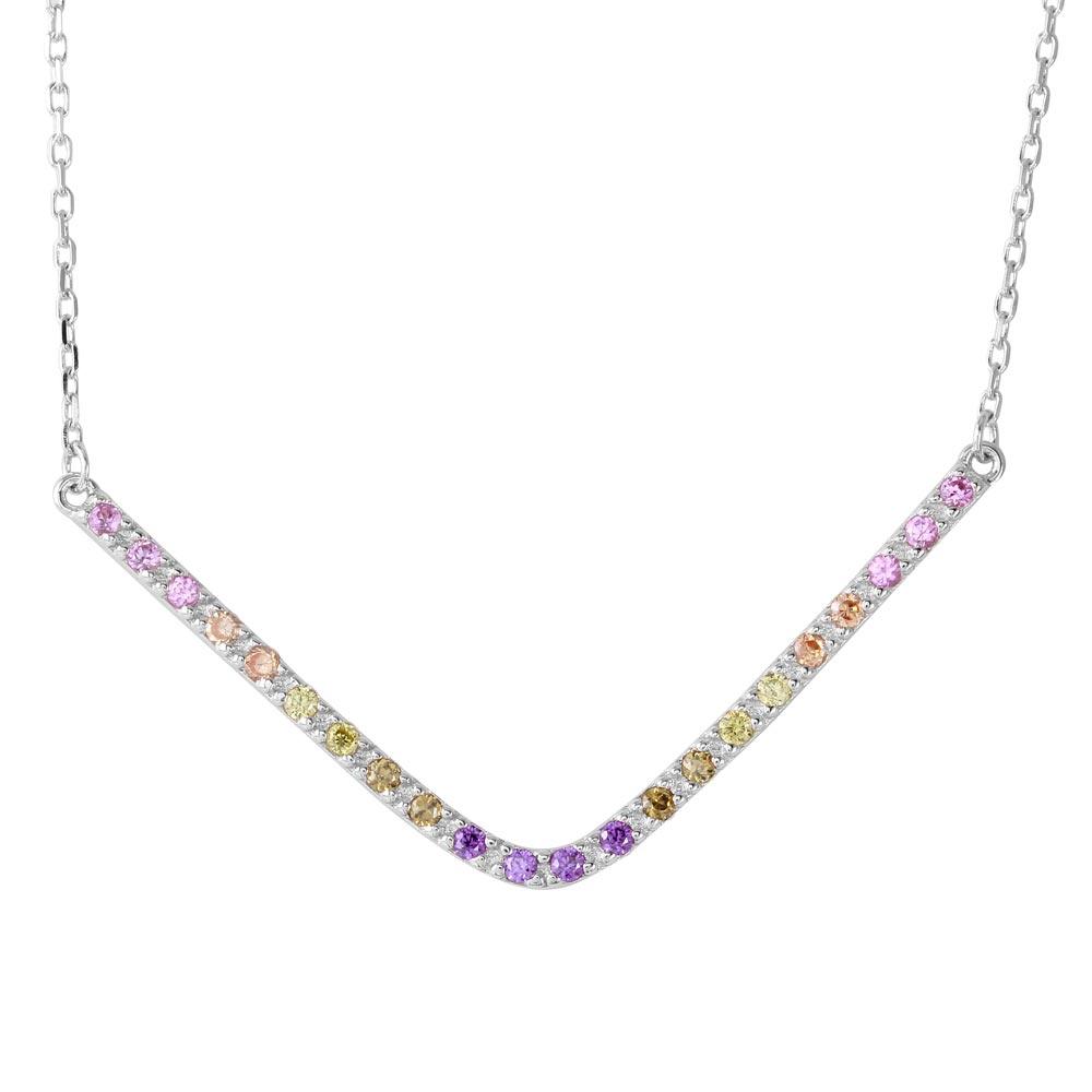 Rhodium Plated 925 Sterling Silver V Shaped Rainbow Multi Color CZ Necklace - BGP01194 SPI