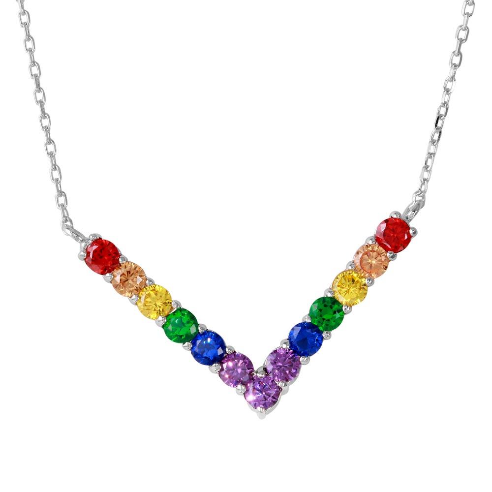 Rhodium Plated 925 Sterling Silver Thick V Shaped Rainbow Multi Color CZ Necklace - BGP01195 SPI
