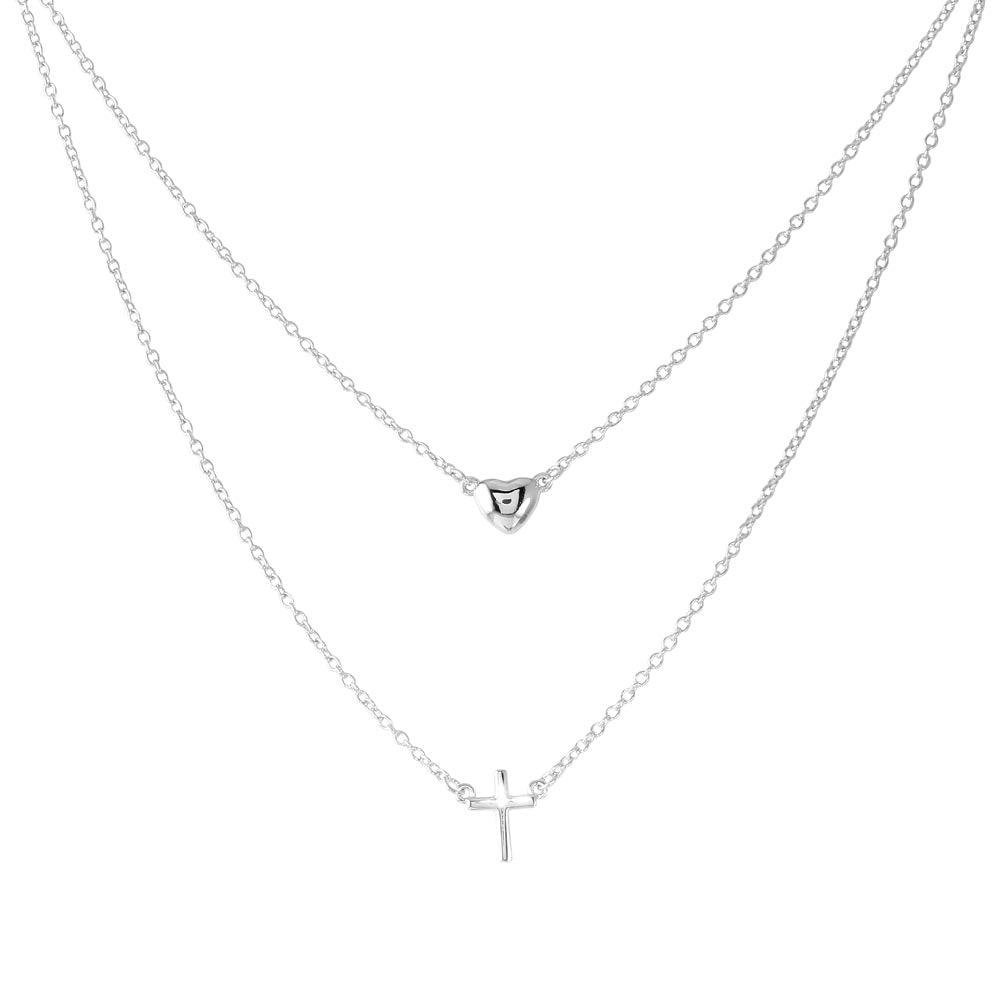 Rhodium Plated 925 Sterling Silver Double Strand Heart and Cross Necklace - BGP01198 SPI