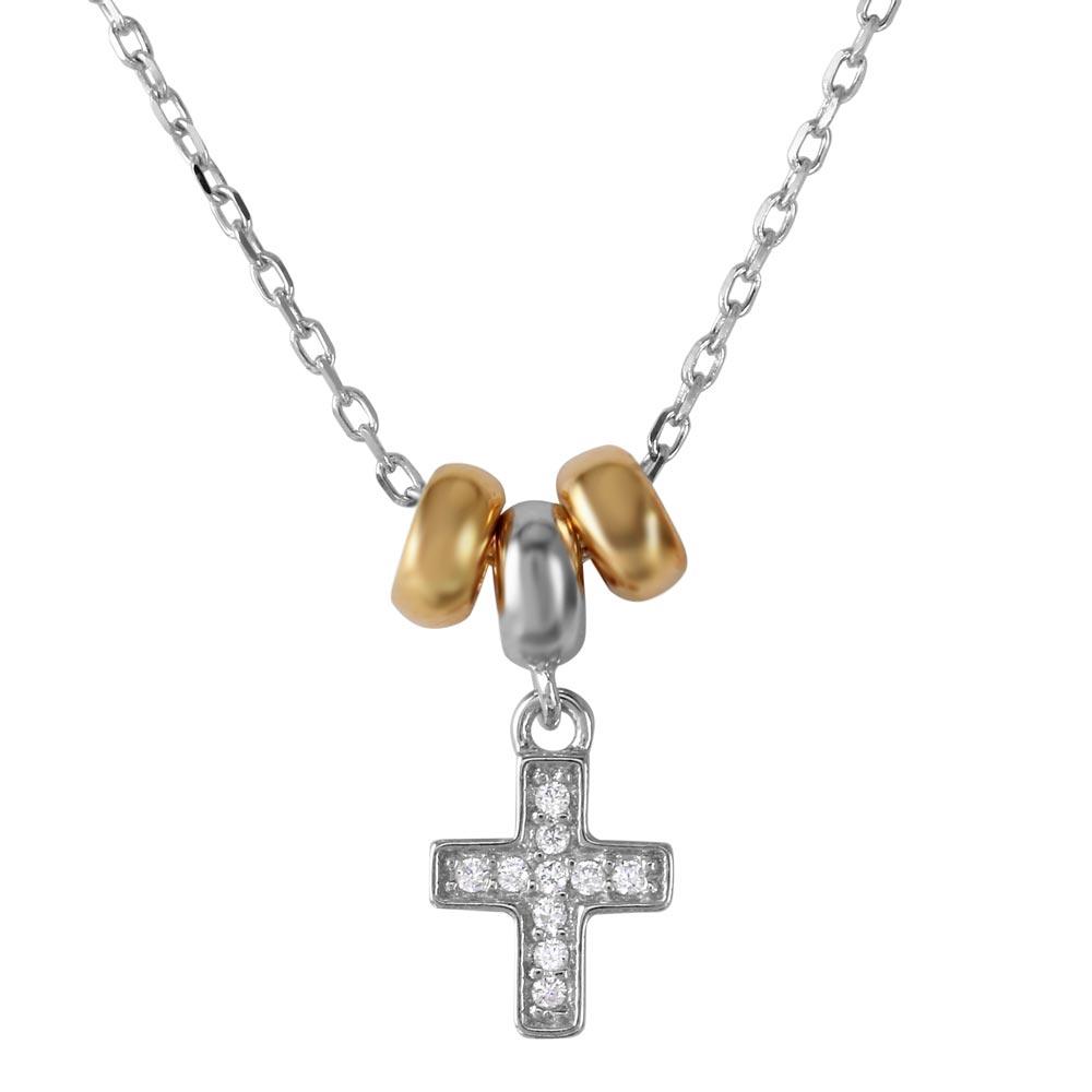 Rhodium Plated 925 Sterling Silver and Gold Plated Dangling CZ Cross with 3 Hoop Necklace - BGP01200 SPI